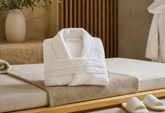 Accappatoi bianchi per SPA, con modello a scialle e modello con cappuccio, in una raffinata area relax wellness.