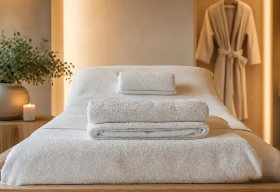 Teli e asciugamani bianchi piegati su un lettino in una SPA moderna e luminosa