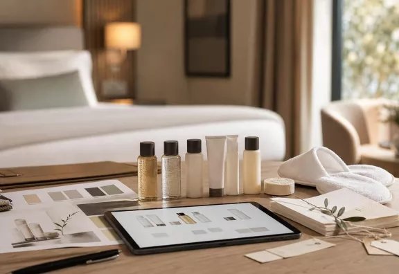 Campioni di linea cortesia e materiali grafici per un progetto di forniture alberghiere personalizzate.