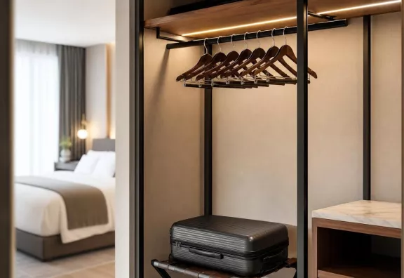 Camera d’hotel con grucce coordinate nell’armadio e reggivaligie pieghevole con trolley.