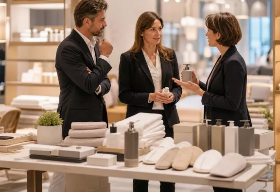 Professionisti dell’hospitality osservano forniture personalizzate per hotel e spa durante una fiera a Bolzano.