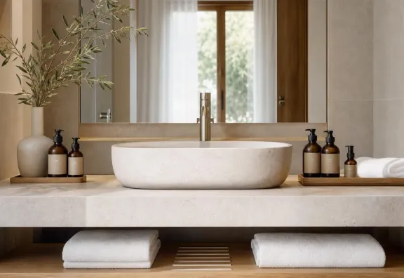 Linea cortesia personalizzata coordinata su lavabo di un boutique hotel