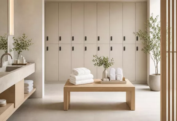 Spogliatoio SPA ordinato con ciabatte monouso, veline e accessori wellness disposti su un vassoio.