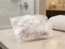 Plastic shower cap in a bag