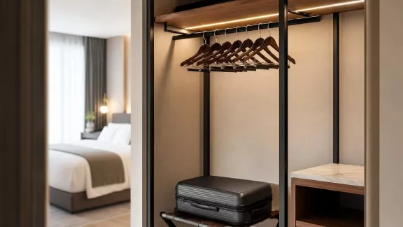 Camera d’hotel con grucce coordinate nell’armadio e reggivaligie pieghevole con trolley.