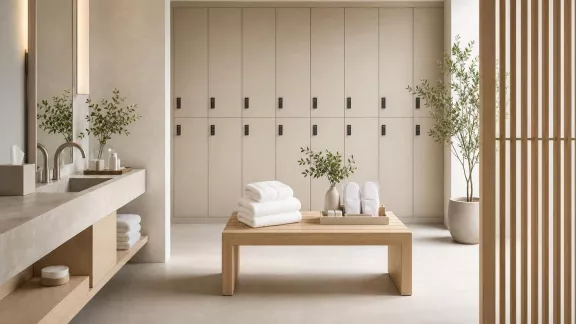 Spogliatoio SPA ordinato con ciabatte monouso, veline e accessori wellness disposti su un vassoio.
