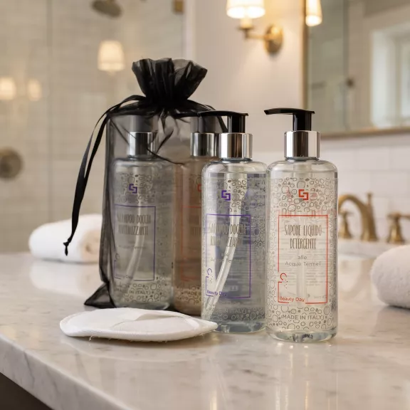 Set regalo Beauty-Day Italy con shampoo doccia e sapone in dispenser e spugnetta scrub