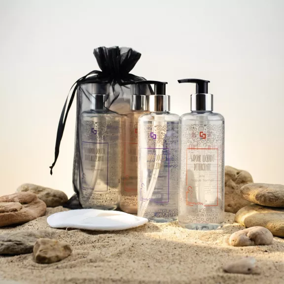 Set regalo Beauty-Day Italy con shampoo doccia e sapone in dispenser e spugnetta scrub