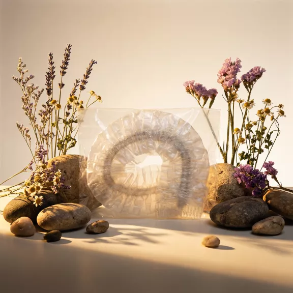 Plastic shower cap in a bag